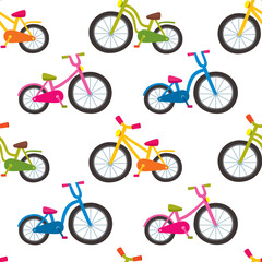 Obraz premium Colorful cartoon bicycles seamless pattern on white background