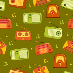 Vintage radio seamless pattern with notes isolated on green