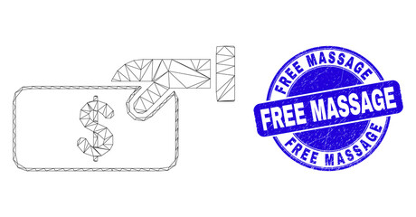 Web mesh pay cash pictogram and Free Massage watermark. Blue vector round grunge seal with Free Massage caption. Abstract carcass mesh polygonal model created from pay cash pictogram.