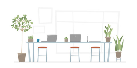 Fototapeta premium Office workplace with table, notebooks and plants - urban office jungle.
