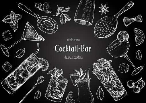 Alcoholic cocktails hand drawn vector illustration. Cocktails sketch set. Engraved style. Bar menu sketch elements. Vintage bar design.