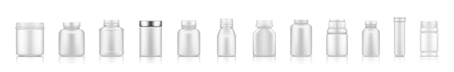 Set of plastic jar mockups isolated on white background. Packaging design. Blank sport, fitness, householding or dietary nutrition, healthcare bottle template. 3d realistic vector illustration