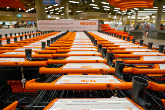 ZURICH, SWITZERLAND - CIRCA OCTOBER, 2018: trolleys at Migros supermarket in Zurich International Airport. Migros is Switzerland's largest retail company.