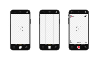 Mobile phones with camera interface. Mobile app application. Photo and video screen. Vector illustration graphic design