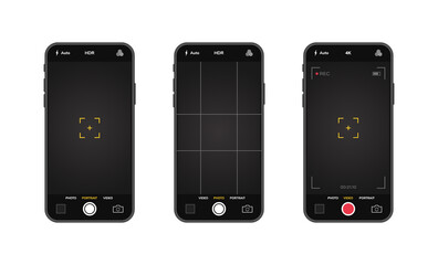 Mobile phones with camera interface. Mobile app application. Photo and video screen. Vector illustration graphic design