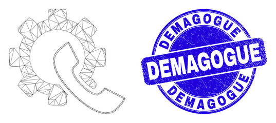 Web carcass phone receiver gear pictogram and Demagogue seal stamp. Blue vector rounded distress seal with Demagogue message.