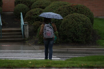 young woman walking in the rain with umbrella