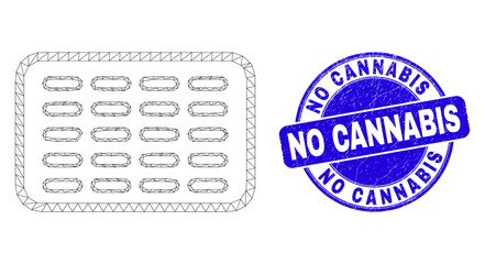 Web mesh pills blister pictogram and No Cannabis seal. Blue vector rounded grunge seal stamp with No Cannabis title. Abstract frame mesh polygonal model created from pills blister pictogram.