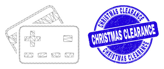 Obraz premium Web carcass plus bank cards pictogram and Christmas Clearance watermark. Blue vector rounded textured watermark with Christmas Clearance caption.
