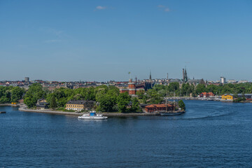 Fototapeta na wymiar View of Stockholm from Sodermalm district. Panorama of Skeppsholmen and Kastellholmen.