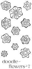 Doodle flowers 7 hand drawn vector image set, simple line drawing illustration variations