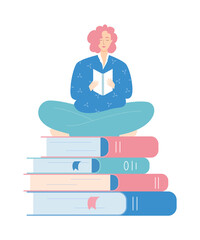 Yong woman sitting on stack of giant books and reading. Vector illustration.