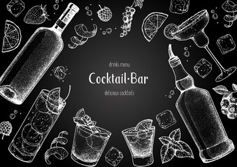 Alcoholic cocktails hand drawn vector illustration. Cocktails sketch set. Engraved style. Wine and whiskey bottle.