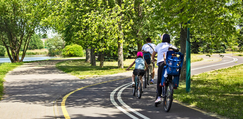 Fototapeta na wymiar Family of four on a bike path in a park. Summer landscape