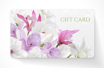 Gift card with beautiful realistic fresh orchid, magnolia flowers bouquet isolated on white background. Template useful for wedding design, women shopping card, 8 March invite