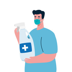 man avatar with mask and hands sanitizer design of medical care and covid 19 virus theme Vector illustration