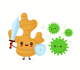 Cute happy funny ginger root fight with virus