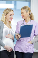 pregnant woman talking with mature doctor during medical consultation