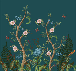Fototapety  Border with peony bushes, palm and flowers in chinoiserie style. Vector.