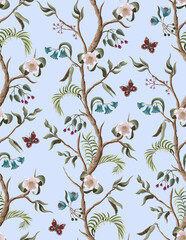Naklejki  Seamless pattern with peony bushes and flowers in chinoiserie style. Vector.