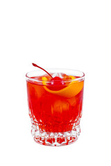 Negroni. Red drink cocktail in glass jar with cherry and orange peel isolated on white background
