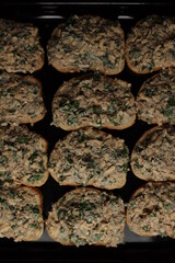 cheese and sardine sandwich. Sandwiches with homemade pate of fish. Snacks. Croutons with cheese and fish.