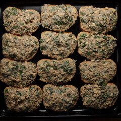 cheese and sardine sandwich. Sandwiches with homemade pate of fish. Snacks. Croutons with cheese and fish.