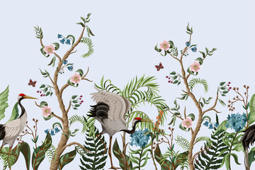 Fototapety  Border with cranes and peonies in chinoiserie style. Vector.