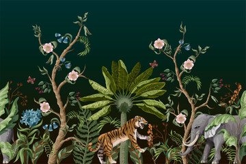 Fototapety  Border with peony bushes and tigers in chinoiserie style. Vector.