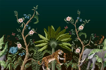 Bordüre mit Pfingstrosenbüschen und Tigern im Chinoiserie-Stil. Vektor. © Yumeee