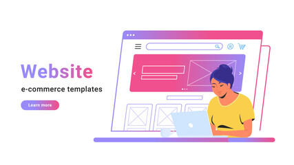 Website e-commerce template to create electronic store online. Creative vector illustration of cute woman working with laptop, building her own website for selling goods or personal site with banner.