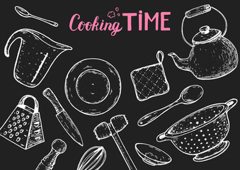 Kitchen utensils hand drawn vector illustration. Cooking time sketch collection. Different kitchen utensils set.