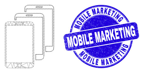 Obraz premium Web carcass smartphones pictogram and Mobile Marketing seal. Blue vector round grunge watermark with Mobile Marketing message. Abstract carcass mesh polygonal model created from smartphones pictogram.