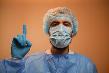 The concept of preventing the spread of the epidemic and treating coronavirus. The doctor points to...