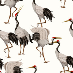 Seamless pattern with Japanese white cranes. Oriental wallpaper.