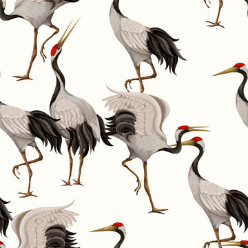 Seamless pattern with Japanese white cranes. Oriental wallpaper. © Yumeee