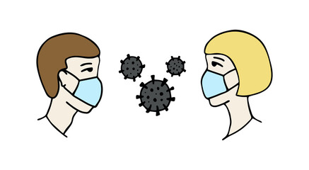 Man and woman wearing protective Medical mask for prevent Wuhan infection. Novel coronavirus 2019-nCoV. Virus symbol. Cell microbe.†Prevention of covid. Global pandemic alert. Covid-19 outbreak.