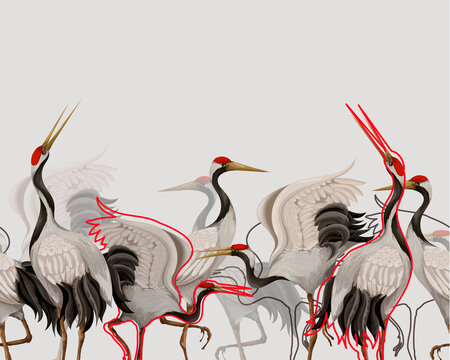 Border with Japanese white cranes. Oriental wallpaper. © Yumeee