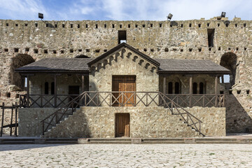 Close up view of ancient central building with stairs and wooden doors in Smederevo fortress small town