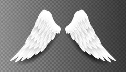 Fototapeta na wymiar Pair of beautiful white angel wings isolated on transparent background, 3D realistic vector illustration. Spirituality and freedom