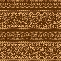 seamless pattern with bright orange and beige paisley and swirls on a light turquoise background