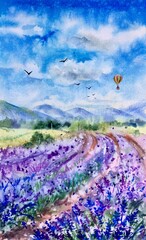 Watercolor lavender field, mountains, aerostat. Violet background. France Provence. Spring summer postcard banner. Fragrant flowers. Aroma. Lavender fields in France. Mediterranean landscape.