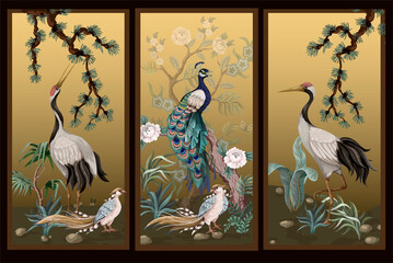 Folding screen in chinoiserie style with white cranes. Vector. © Yumeee