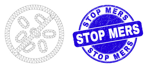 Web carcass stop microbes icon and Stop Mers seal. Blue vector round distress seal with Stop Mers title. Abstract carcass mesh polygonal model created from stop microbes icon.