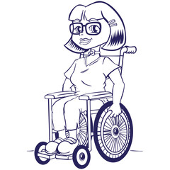 Art line Person Physically disabled girl in a wheelchair with tracheostomy tube. Ideal for catalogs, health and institutional newsletters