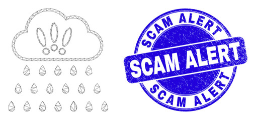 Web mesh strong rain clouds pictogram and Scam Alert seal. Blue vector rounded distress watermark with Scam Alert title. Abstract frame mesh polygonal model created from strong rain clouds pictogram.