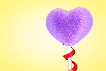 Furry heart. Heart from red fur. 3d render illustration isolated on yellow background