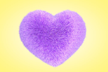 Furry heart. Heart from red fur. 3d render illustration isolated on yellow background