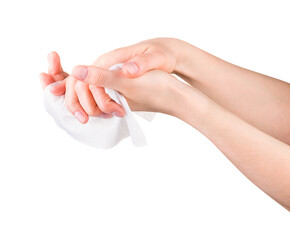 Woman hand use antibacterial wet wipes or tissue isolated on a white background
