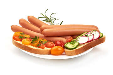 Fresh boiled Wiener sausages, isolated on white background